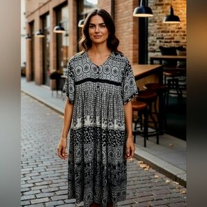 L.G.S Chic Black and White Geometric Midi Dress